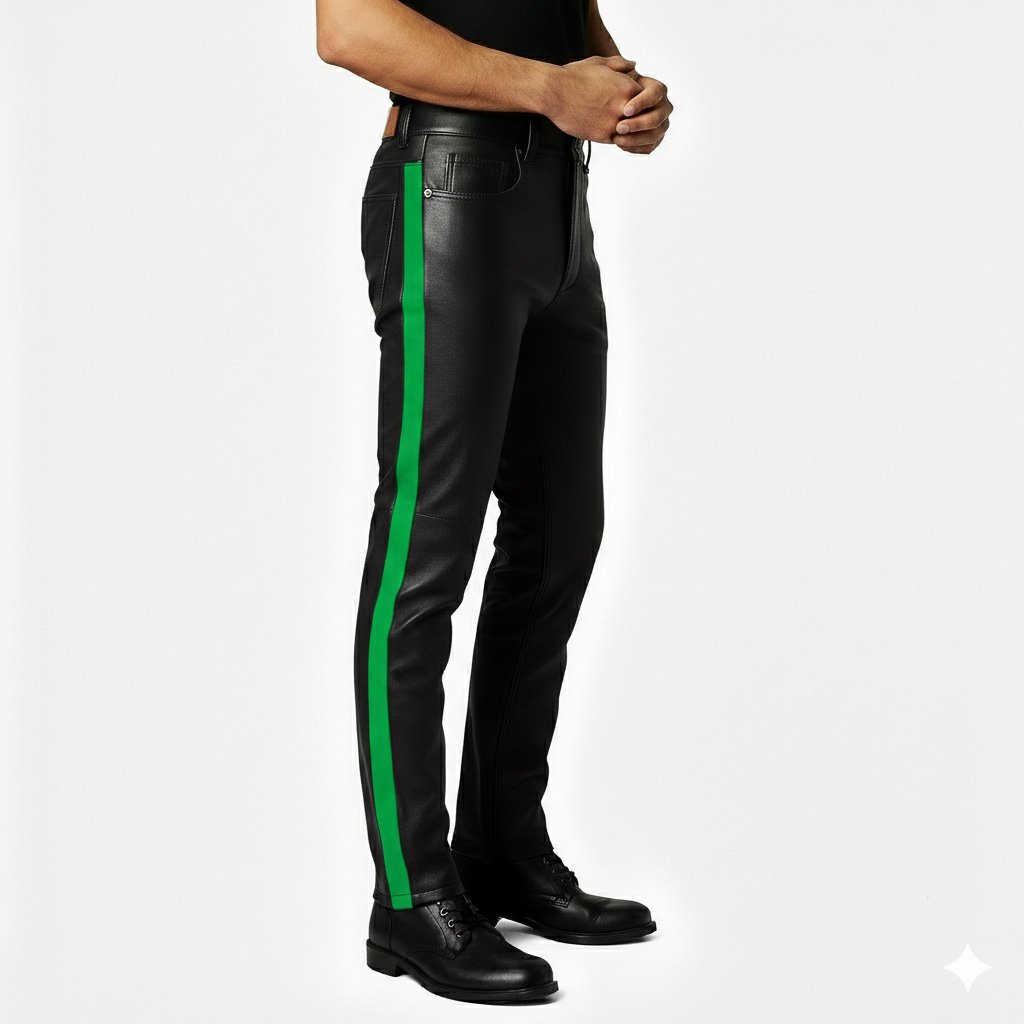 Black Leather Pant with Green side Strap (3)