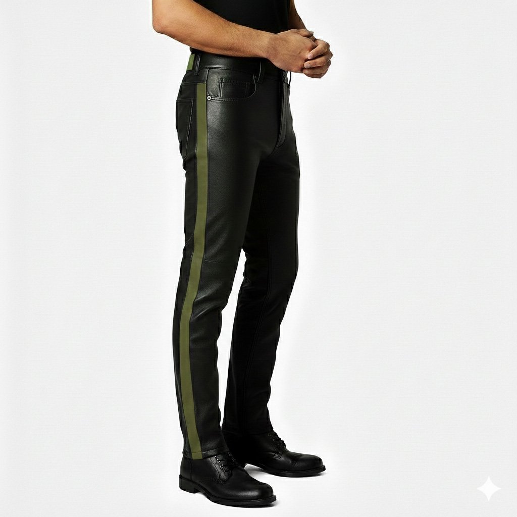 Black Leather Pant with Olive Green Side Strap (2)