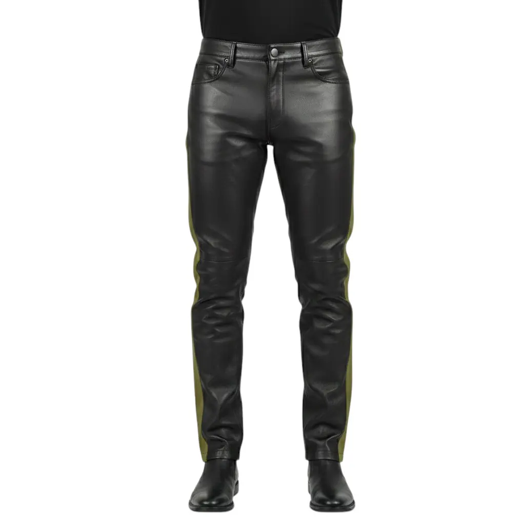 Black Leather Pant with Olive Green Side Strip (3)
