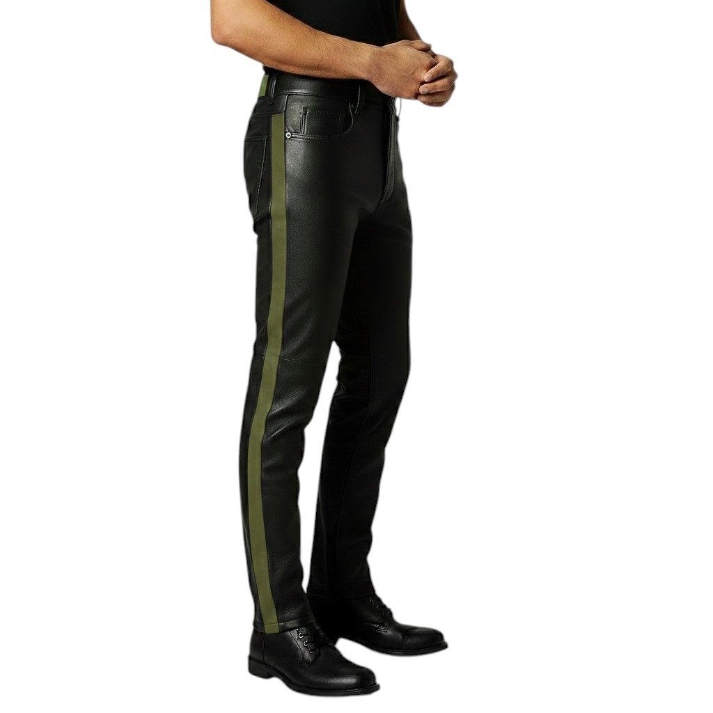 Black Leather Pant with Olive Green Side Strip (5)