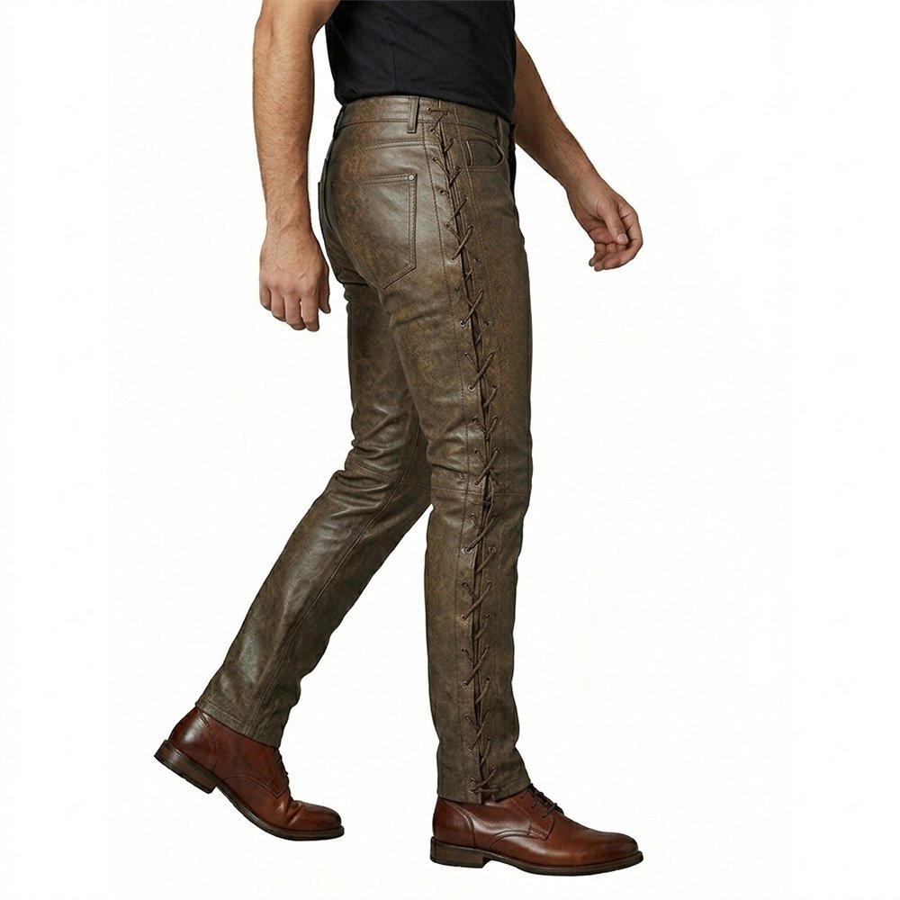 Brown Distressed Leather Pants Lace Up Side