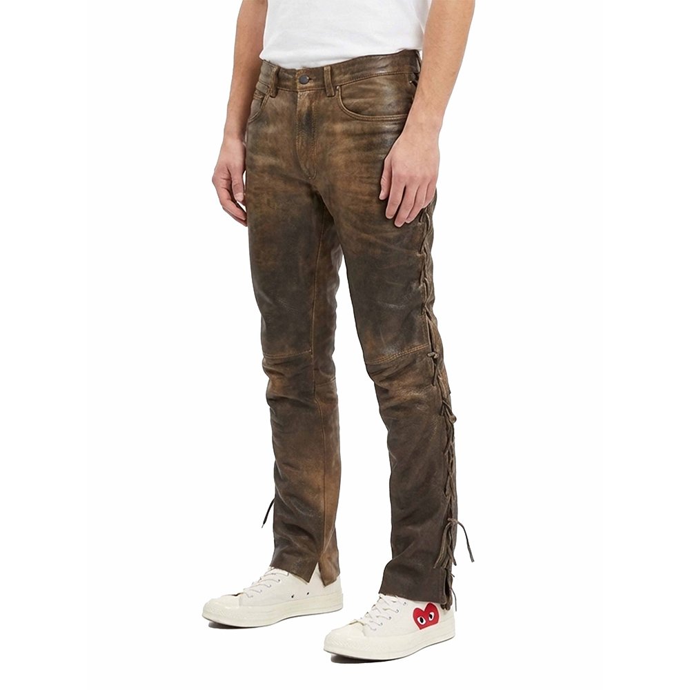 Brown Distressed Leather Pants Side