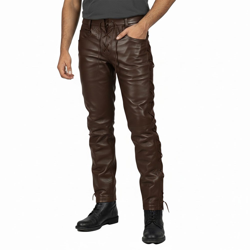 Choco Brown Leather Pants with Matching Side Laces 3