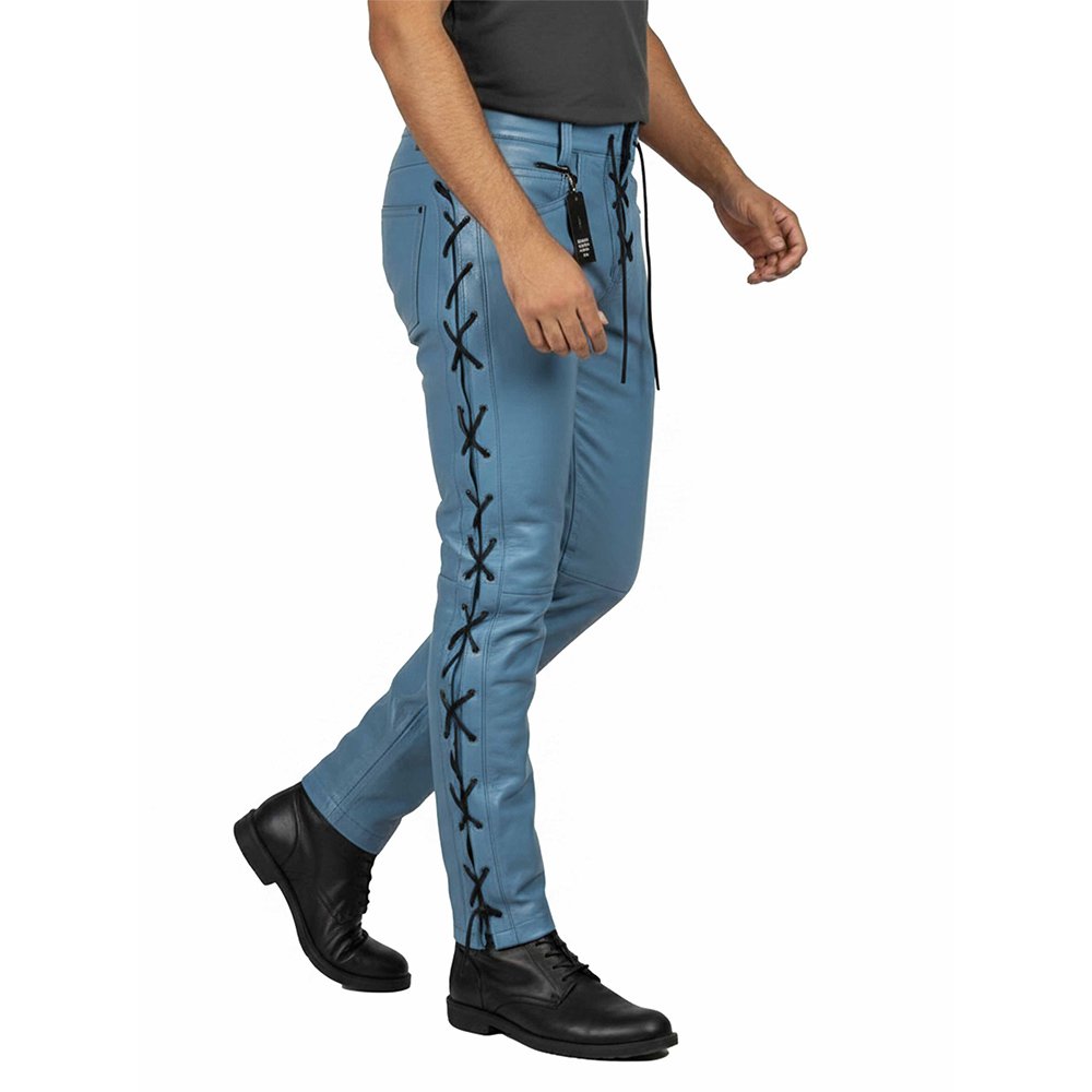 Light Blue Leather Pants Side Laces Side