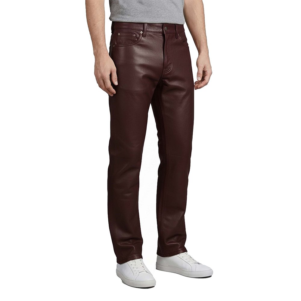 Maroon Leather Pant Jeans Style side pose