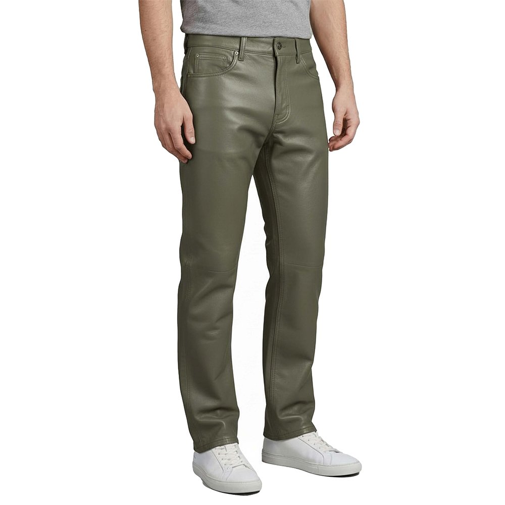 Olive Green Leather Pant Jeans Style side pose