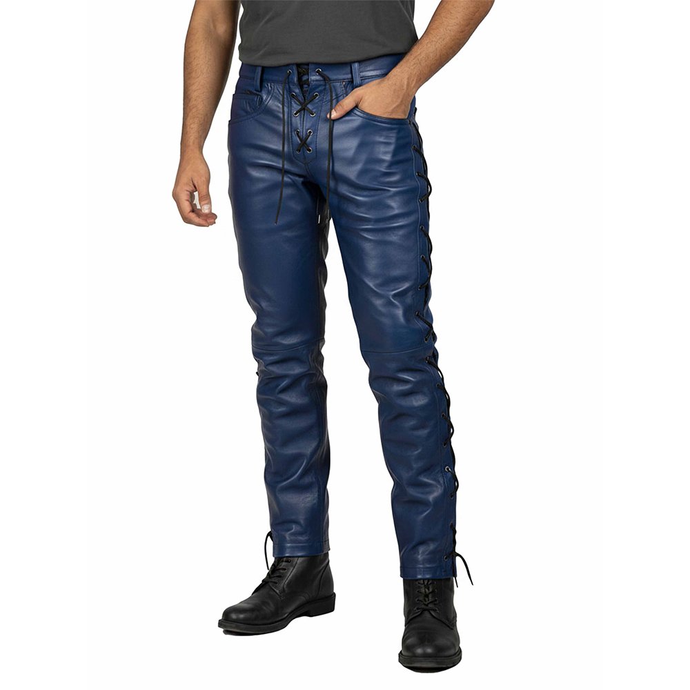 Royal Blue Leather Pants Side Laces Front