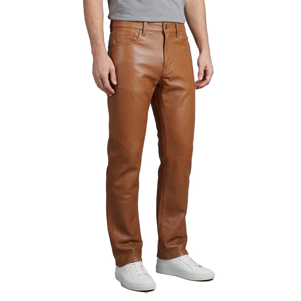 TAN Brown Leather Pant Jeans Style Front pose