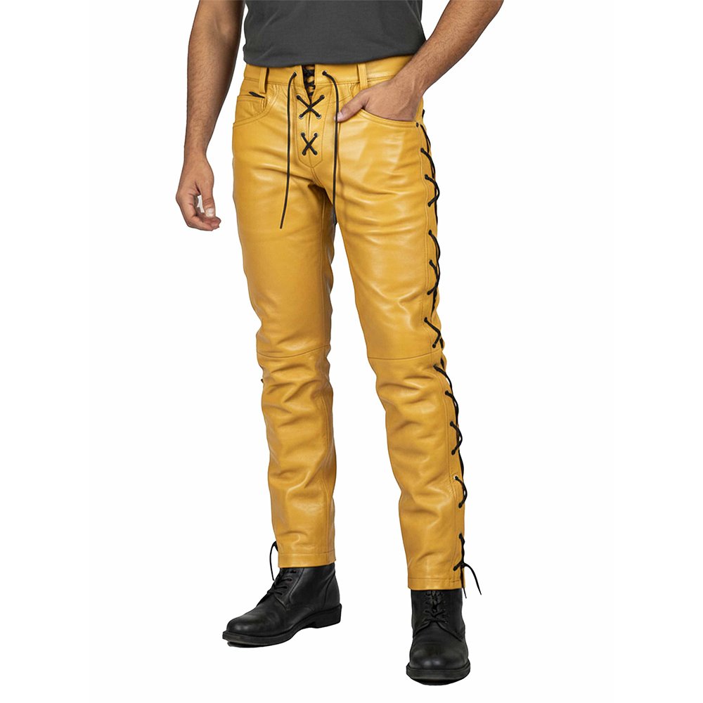 Yellow Leather Pants Side Laces Front