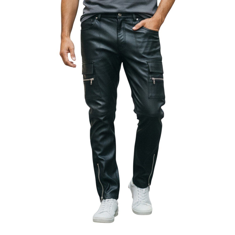Black Leather Cargo Pockets Pants