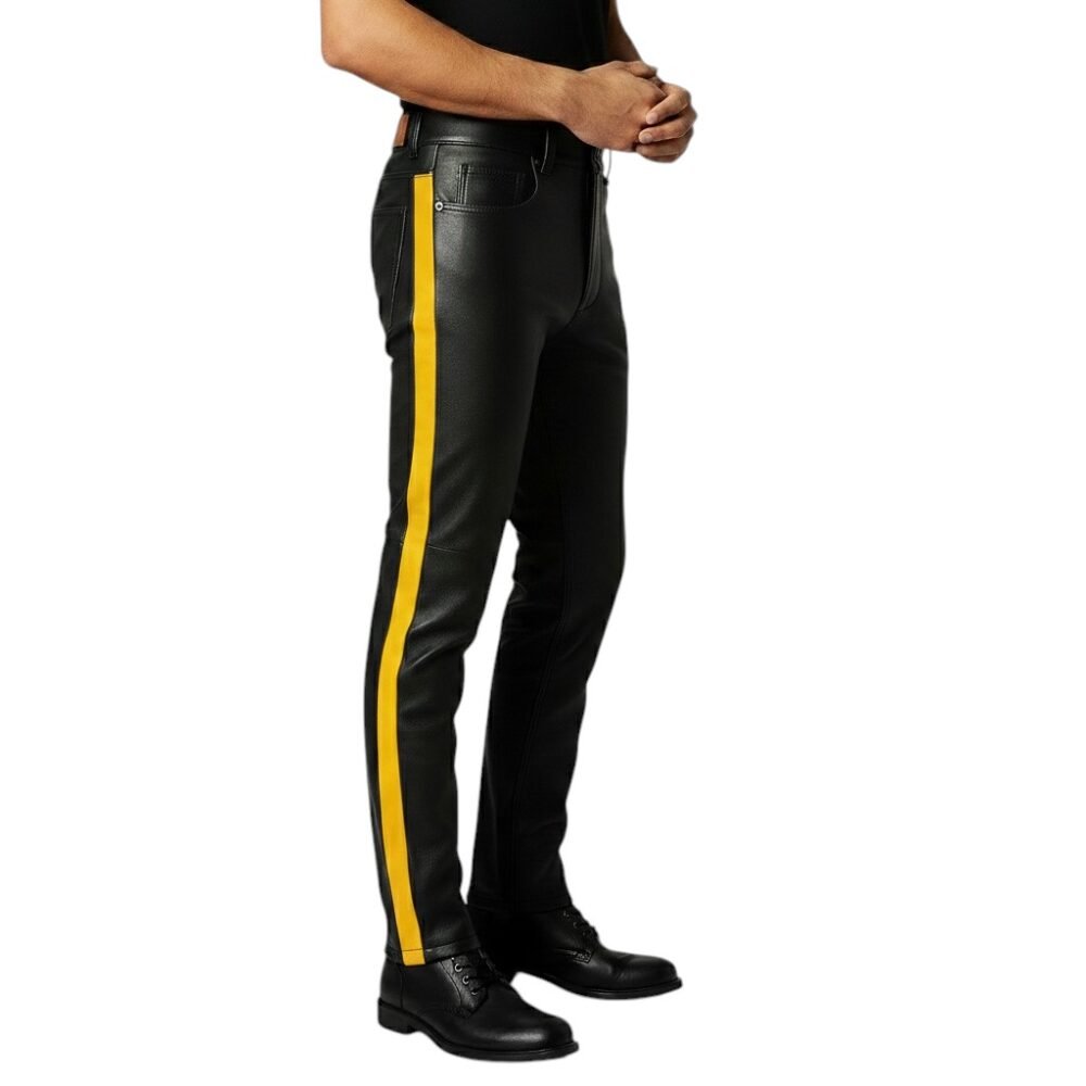 Black Leather Pant with Yellow Side Strap (2)
