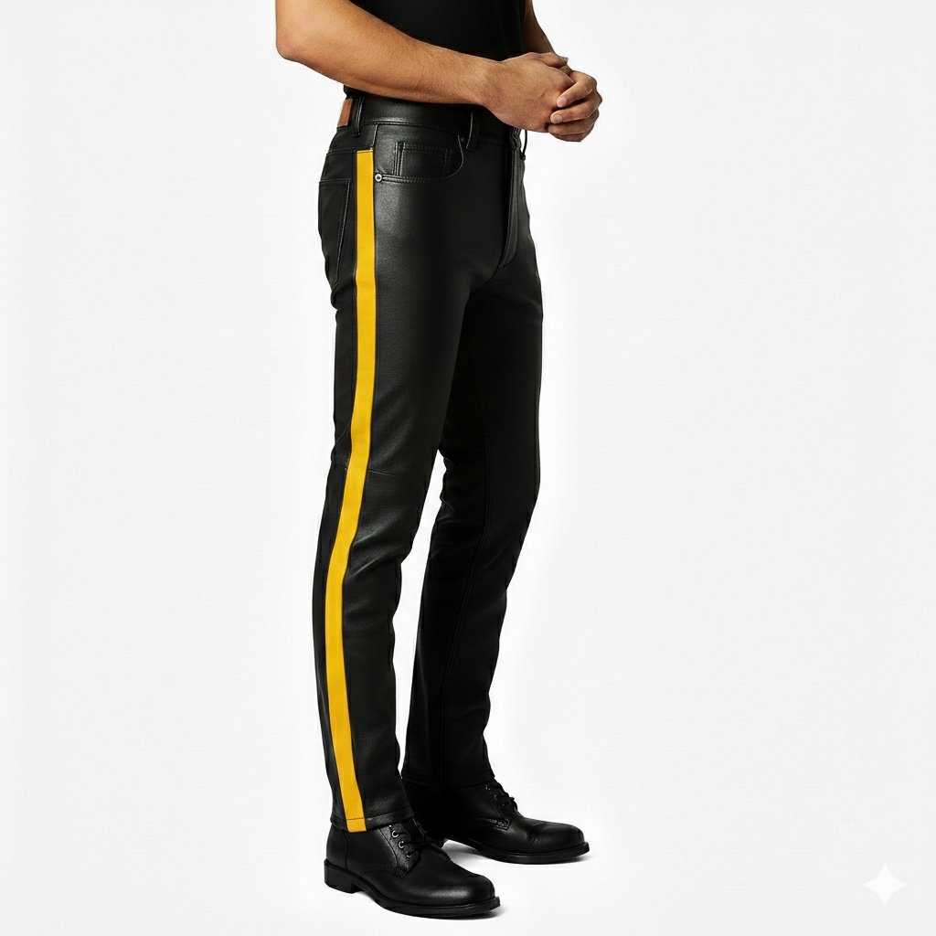 Black Leather Pant with Yellow Side Strip