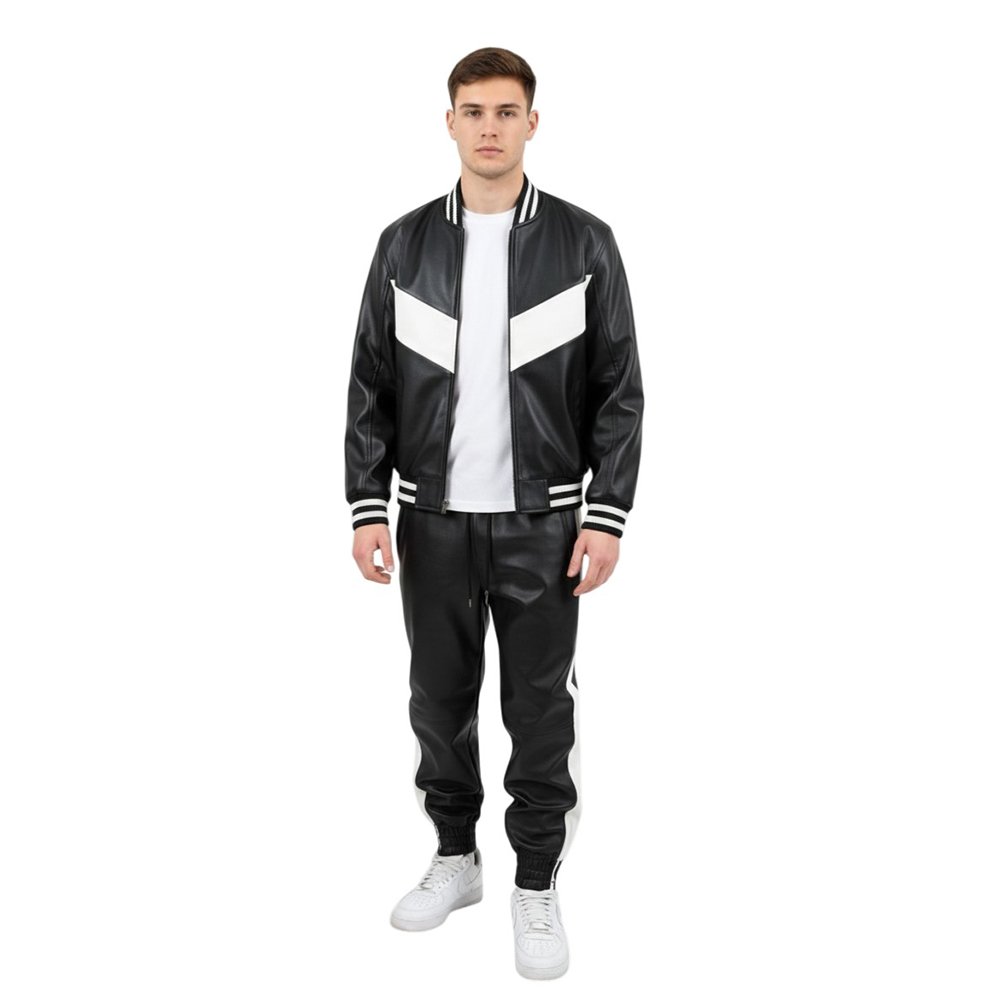Black Leather White V Design Track Suit Front Pose