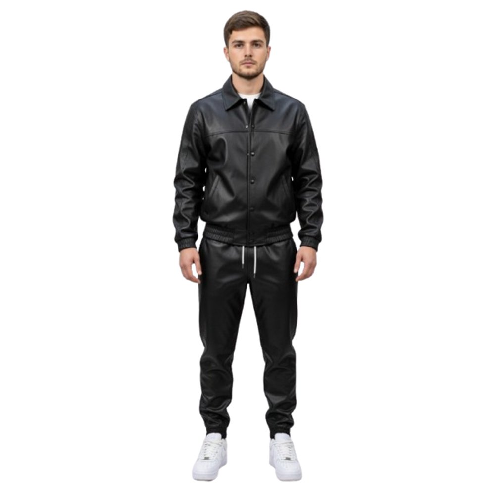 Black leather Track Suit Front Pose