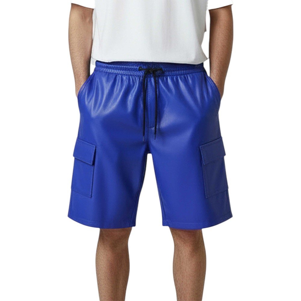 Blue Leather Shorts with Cargo Pockets