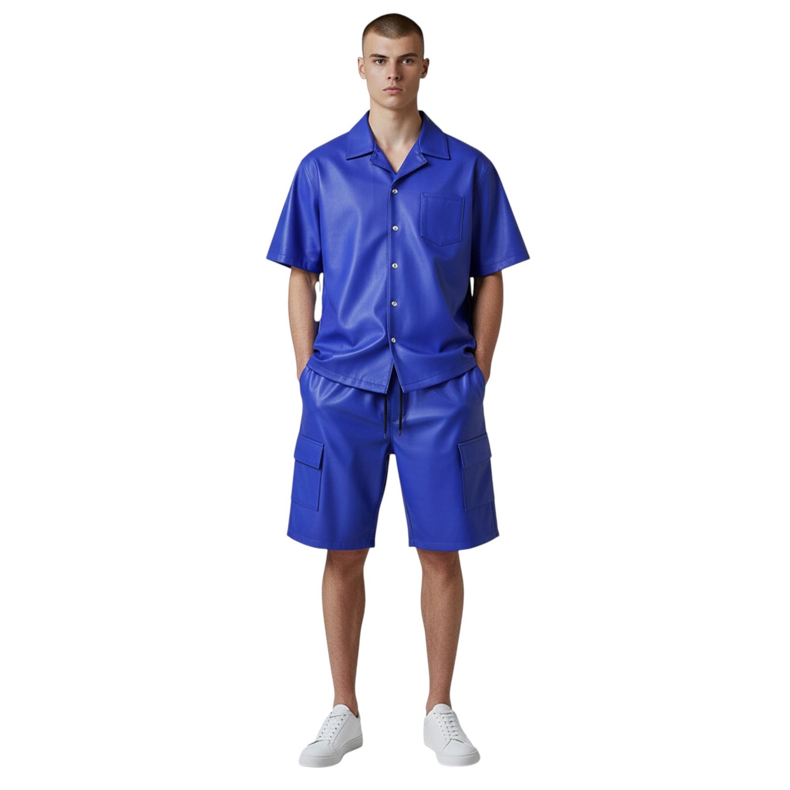 Royal Blue Leather Shirt & Cargo Shorts Set