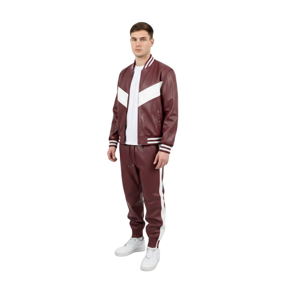 Men's burgundy leather jogger tracksuit with white panel design jacket and pants set