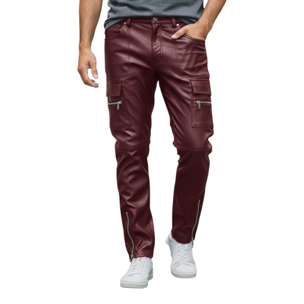 Burgundy Leather Cargo Pockets Pants (3)