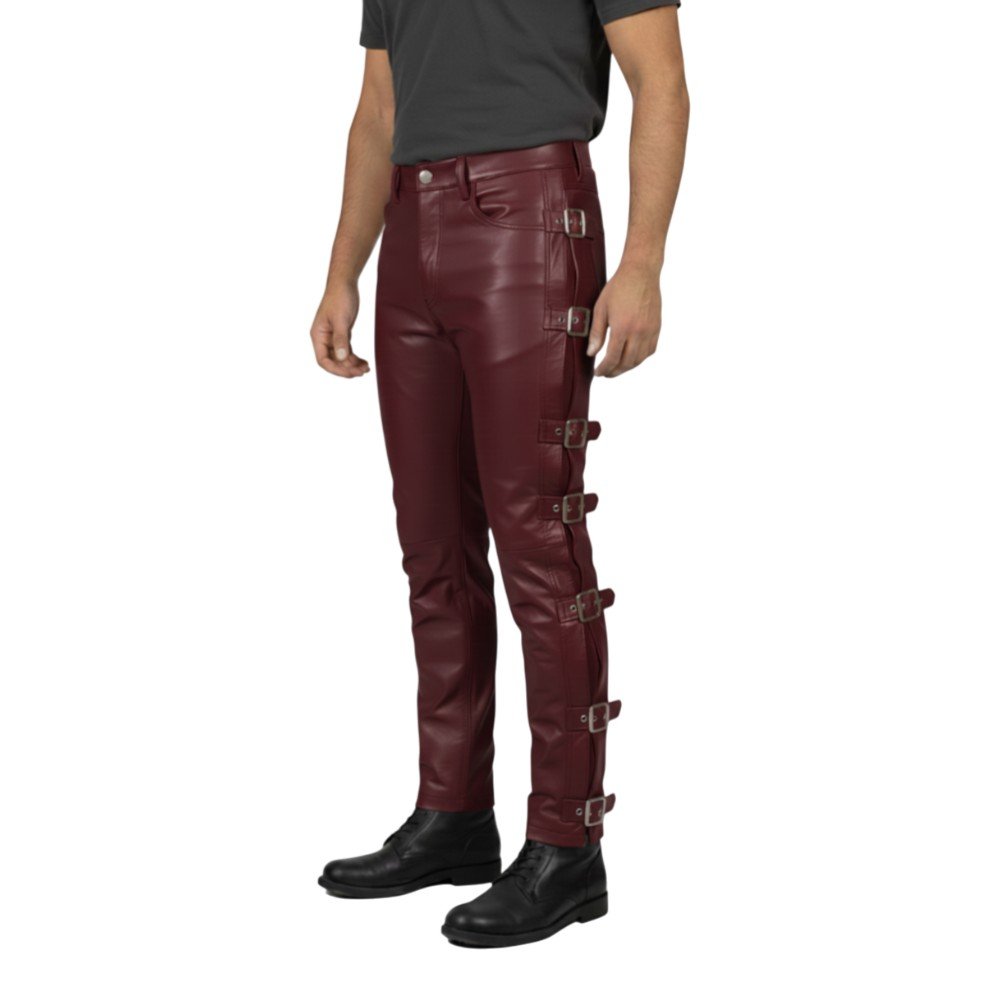 Burgundy Leather Pants with Side Strap