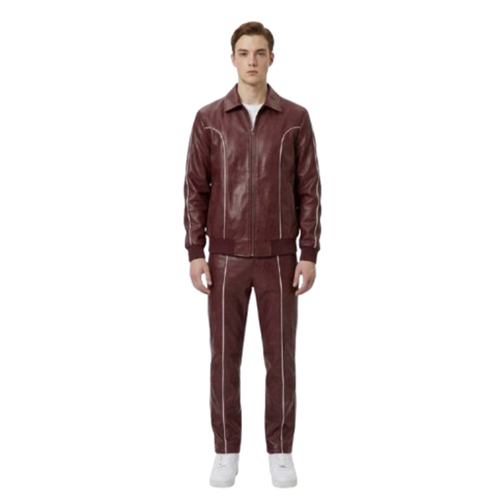 Burgundy Track Suit With White Stripes Front Pose