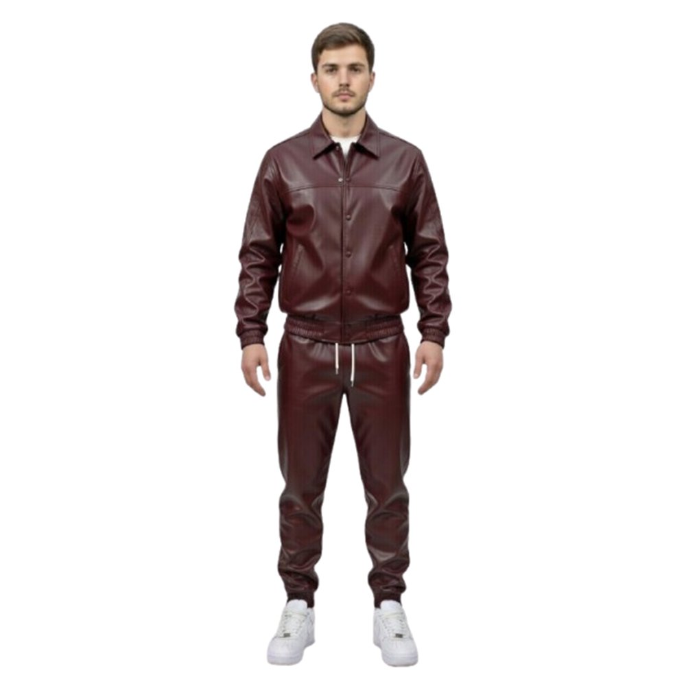 Burgundy leather Track Suit Front Pose