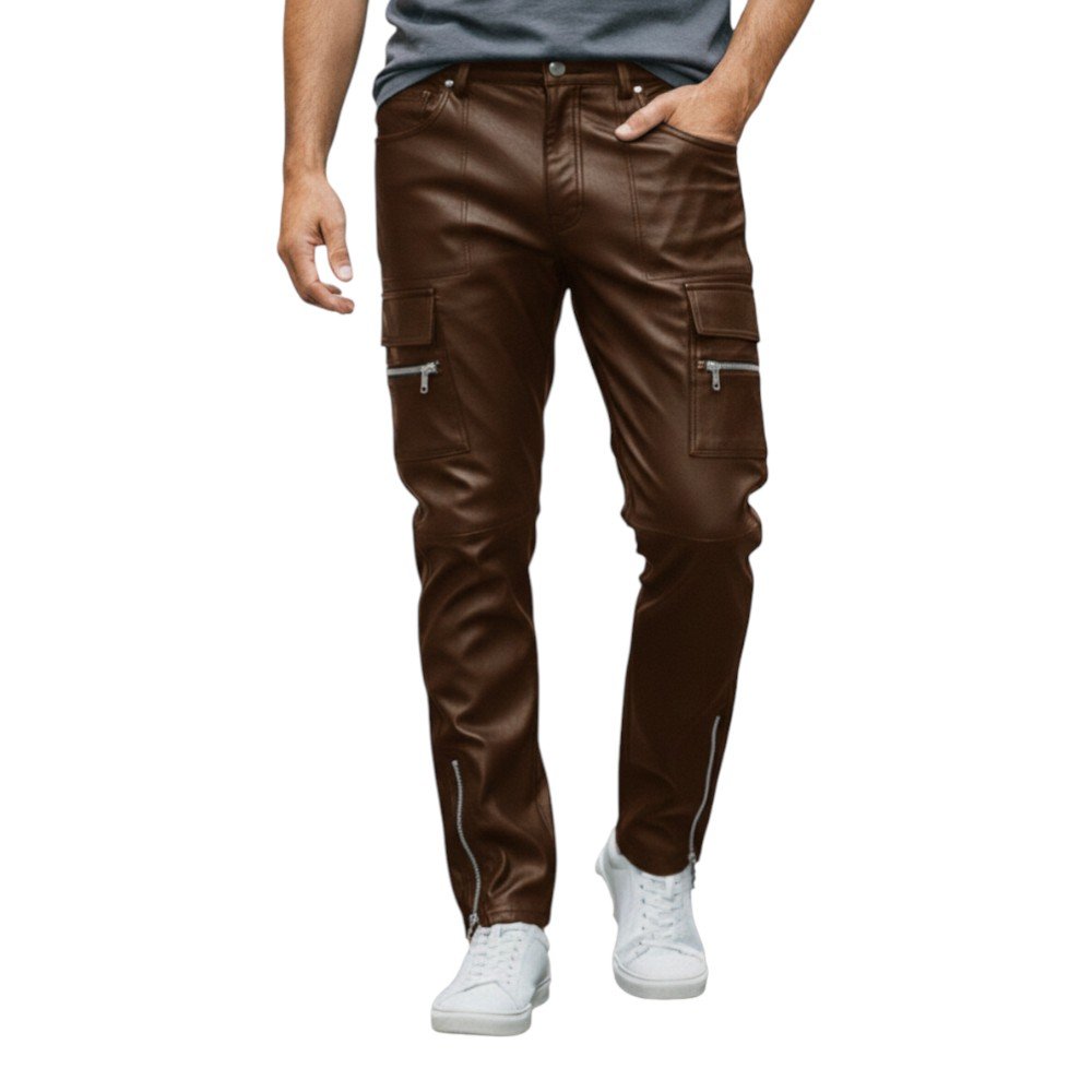 Choco Brown Leather Cargo Pockets Pants (1)
