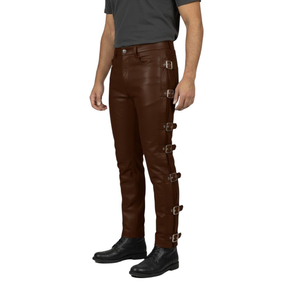 Choco Brown Leather Pants with Side Strap
