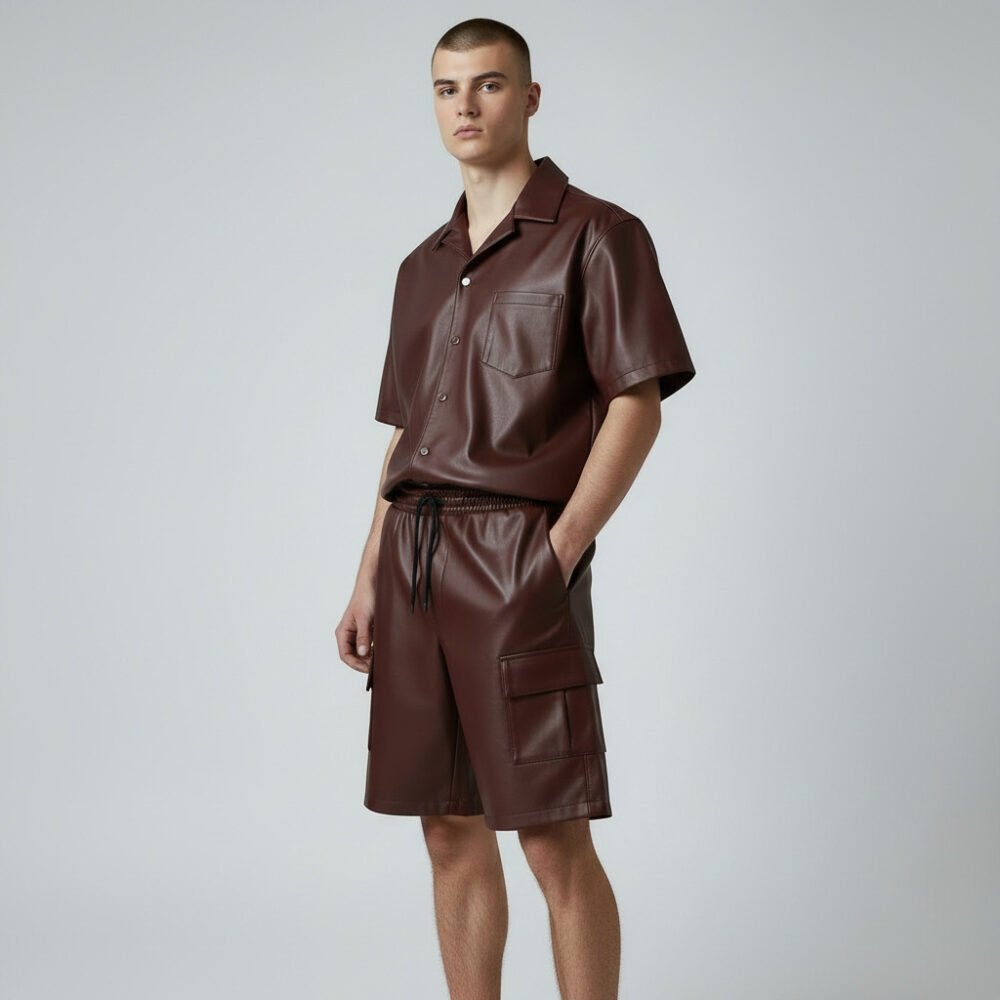 Men wearing chocolate brown genuine leather short sleeve shirt with matching cargo leather shorts