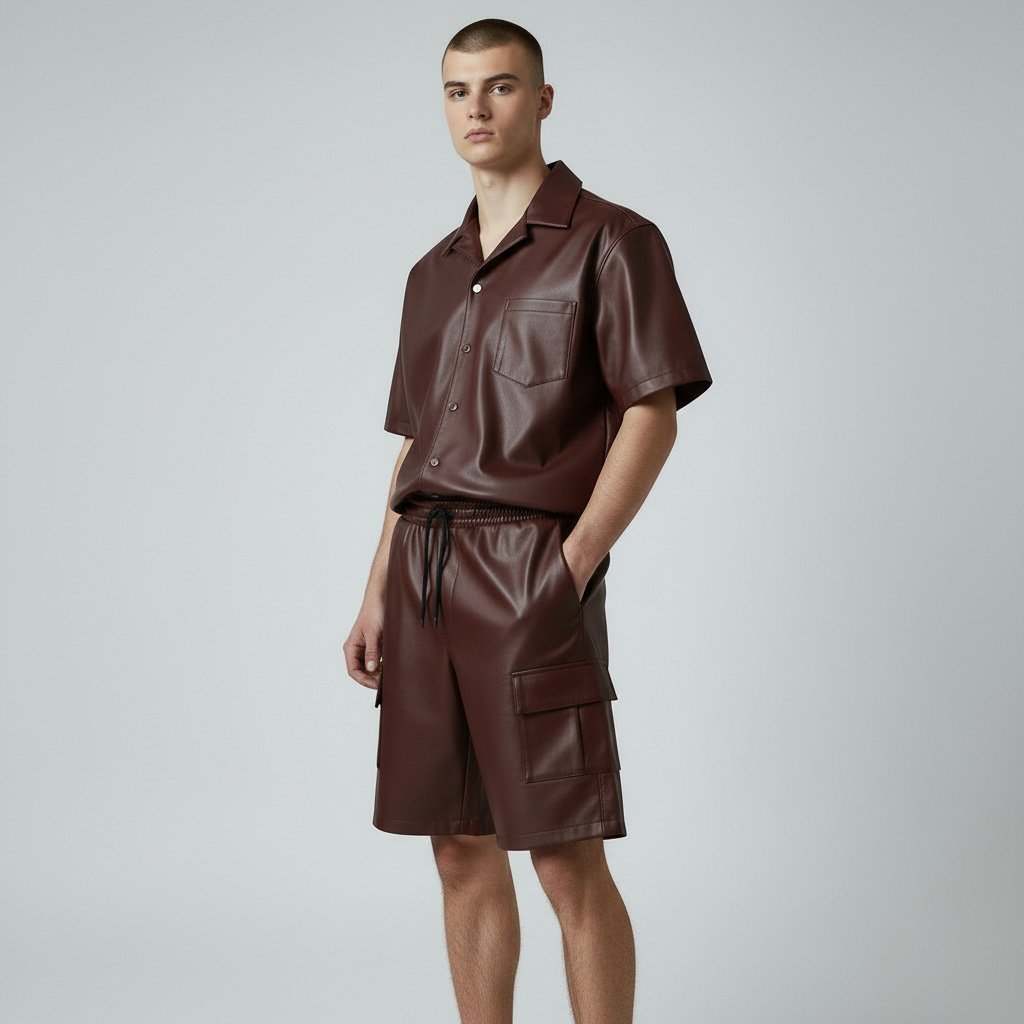 Men wearing chocolate brown genuine leather short sleeve shirt with matching cargo leather shorts