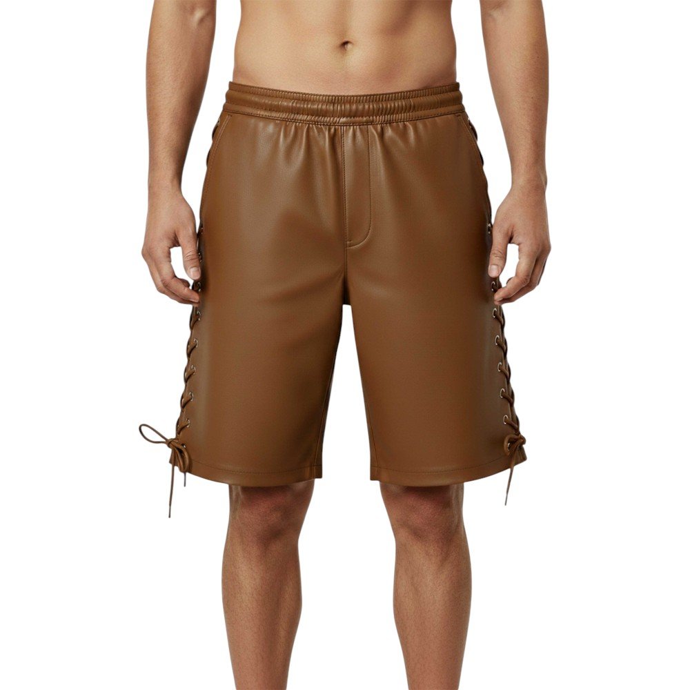 TAN Brown leather shorts with side laces