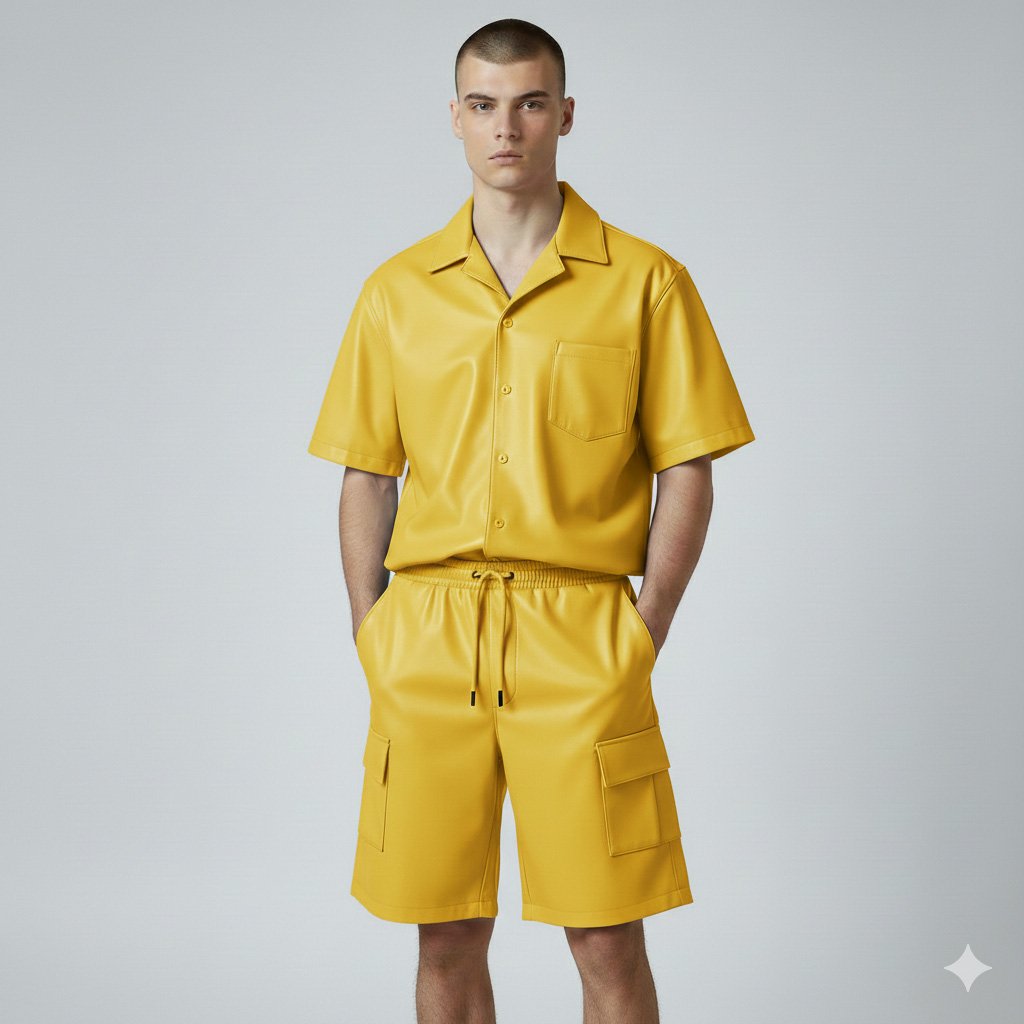 Men wearing yellow genuine leather short sleeve shirt with matching cargo leather shorts