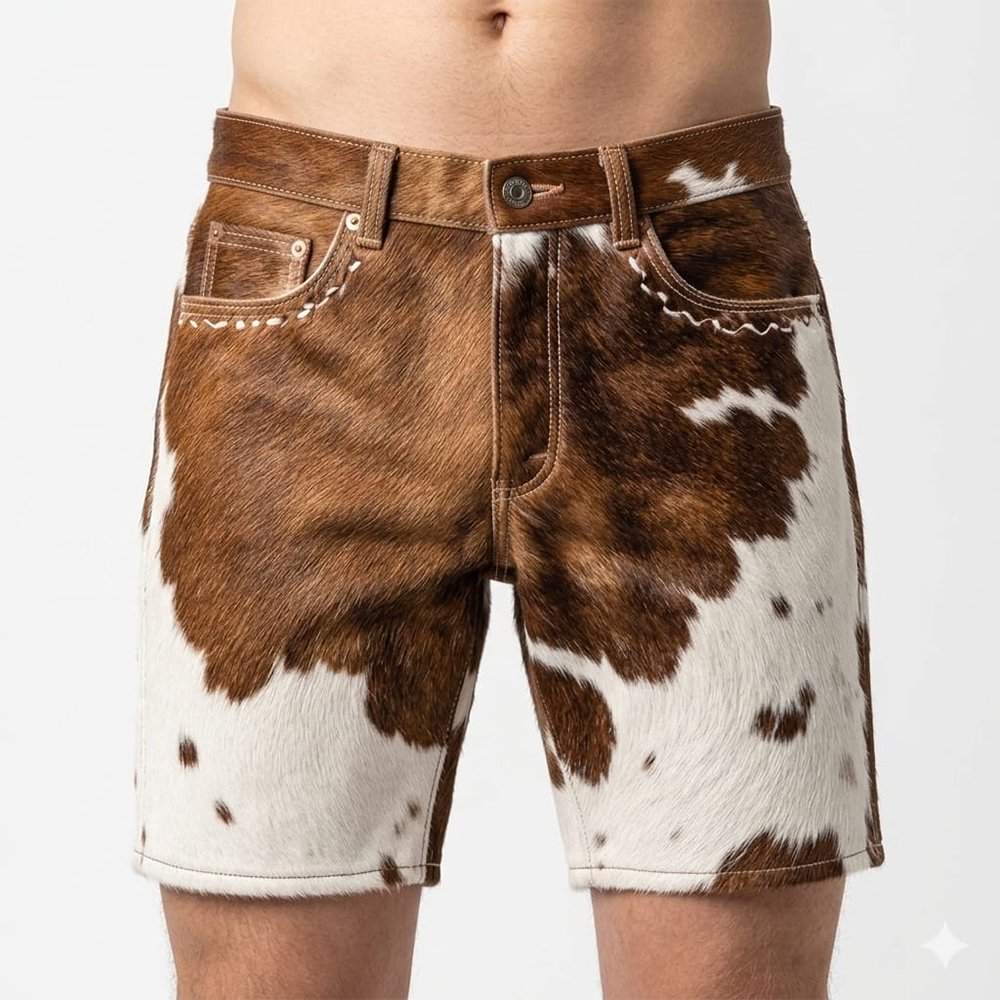 Men’s Premium Golden Brown & White Cowhide Leather Shorts Front