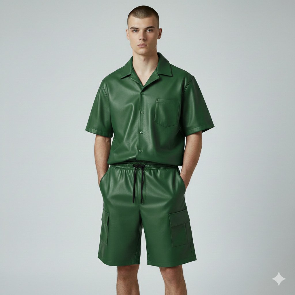 Men wearing Green genuine leather short sleeve shirt with matching cargo leather shorts