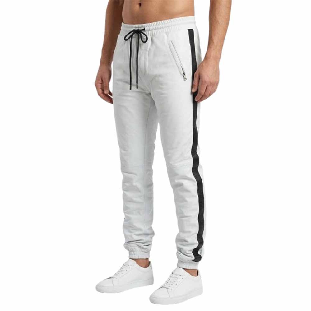 Luxury White Leather Joggers - Black Contrast Side Stripe & Drawstring Pose Front