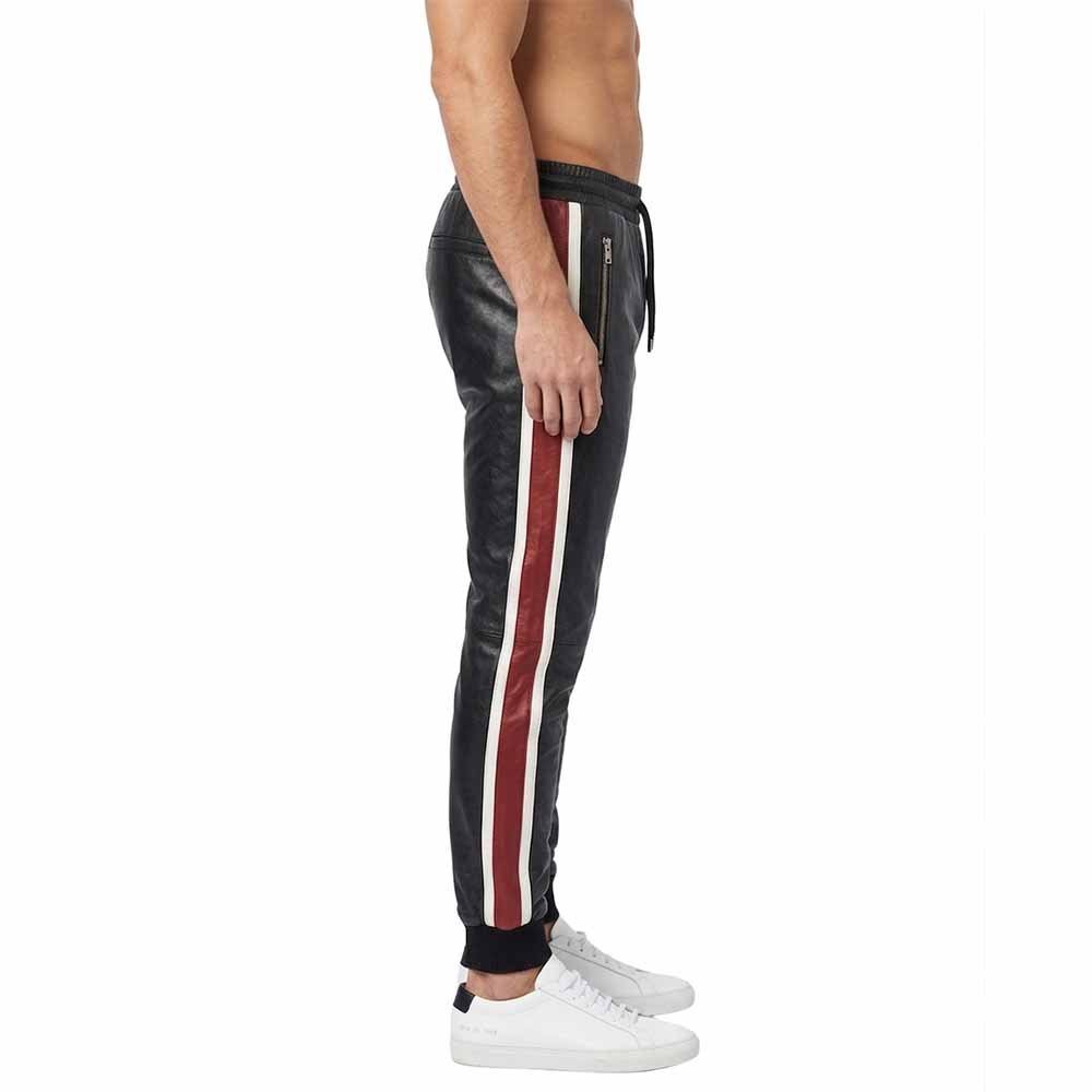 Men`s Black Leather Trouser with Burgundy & White Side Stripes Side Pose