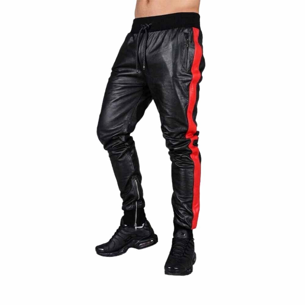 Men`s Black Leather Trouser with Red Side Strip Front Pose
