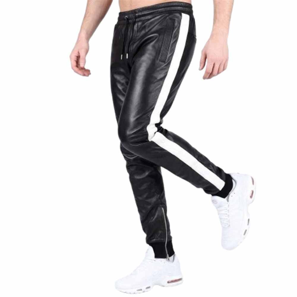 Men`s Black Leather Trouser with White Side Strip Front Pose