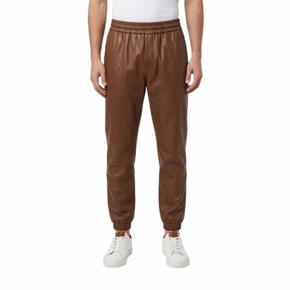 Men`s Brown Leather Jogger Pants -Elastic Waist & Cuffs