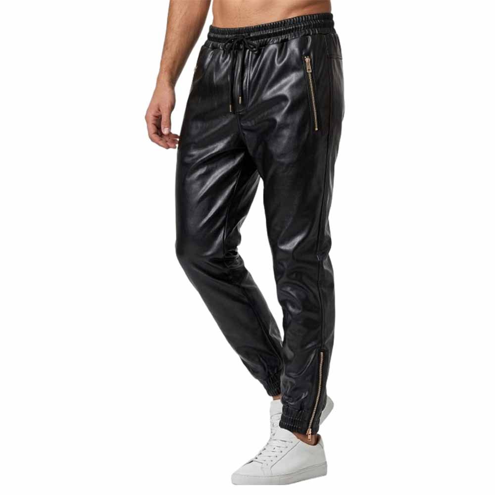 Men's Classic Black Leather Joggers with Zipper Pockets Front Pose