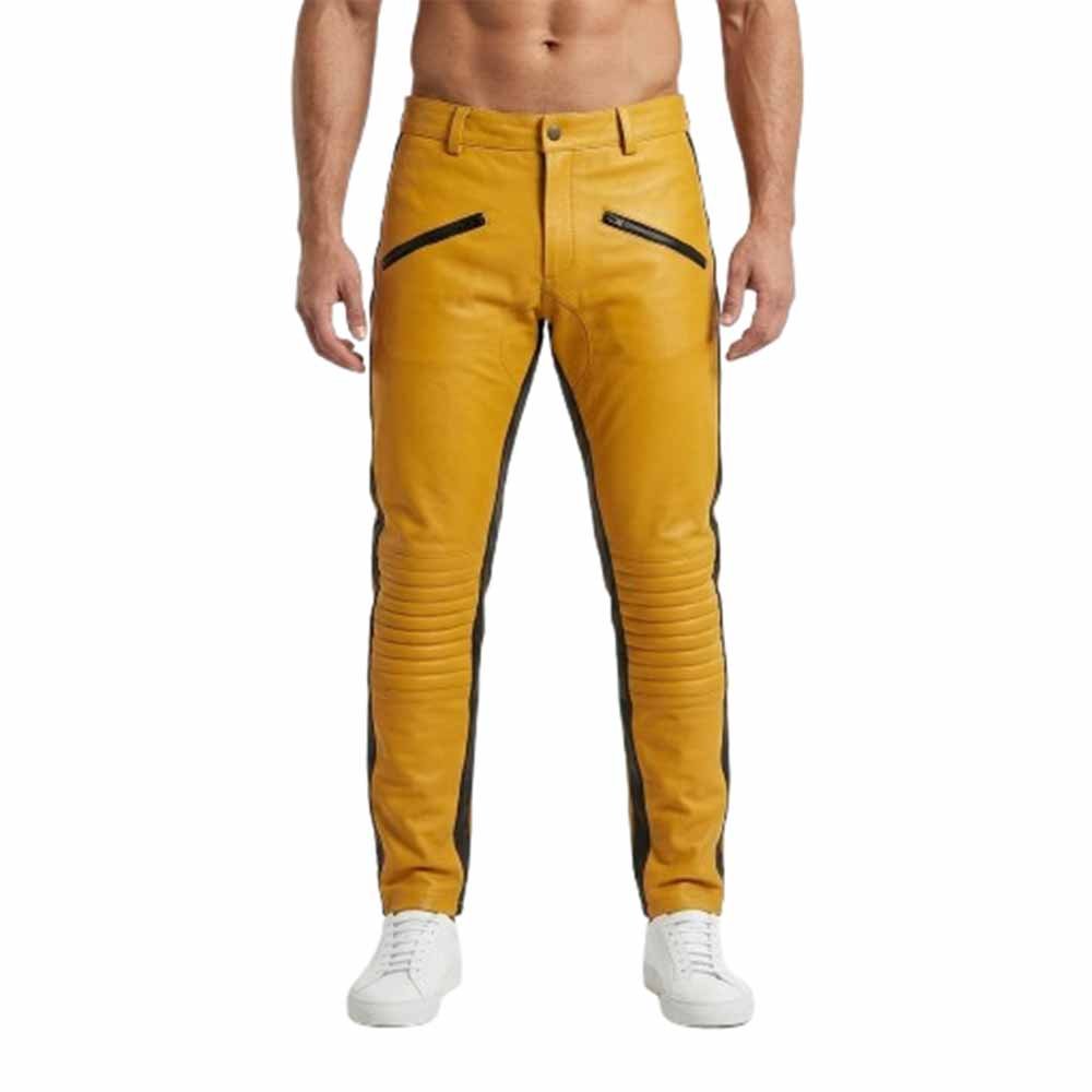 Men`s Mustard YelIow Leather Moto Jogger Pants Pose Front