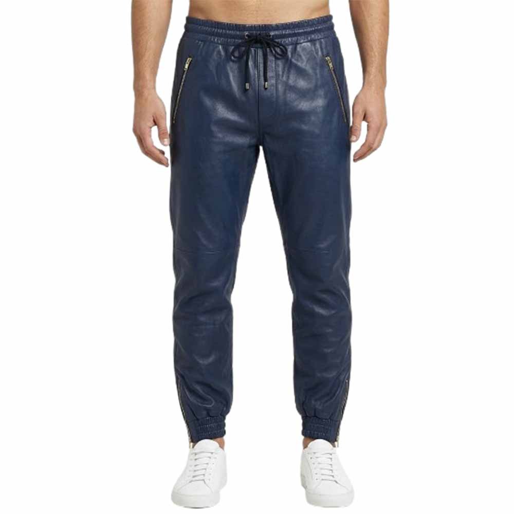 Men's Premium Midnight Blue Leather Jogger Pants Front Pose