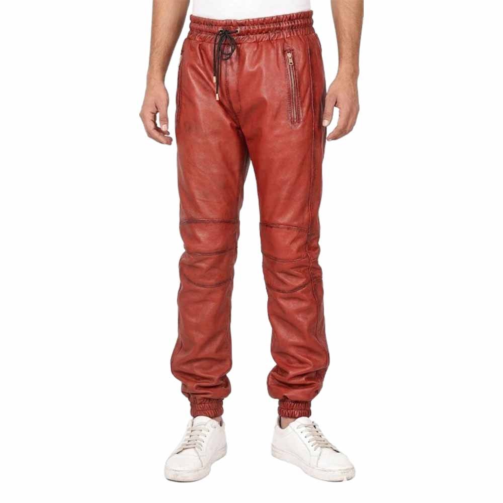 Men`s Red Leather Jogger Pants with Ribbed Waist & Cuffs Front Pose