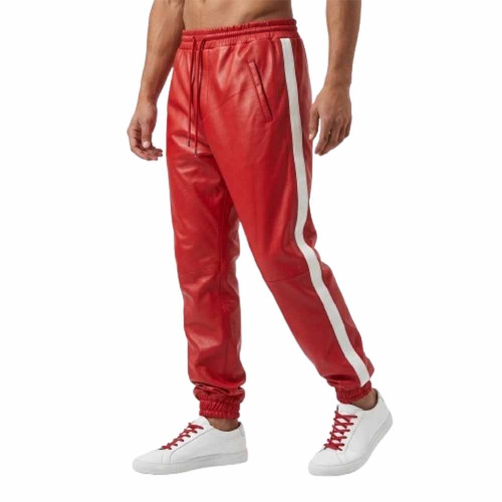 Men`s Red Leather Jogger Pants with White Side Stripe Pose Front