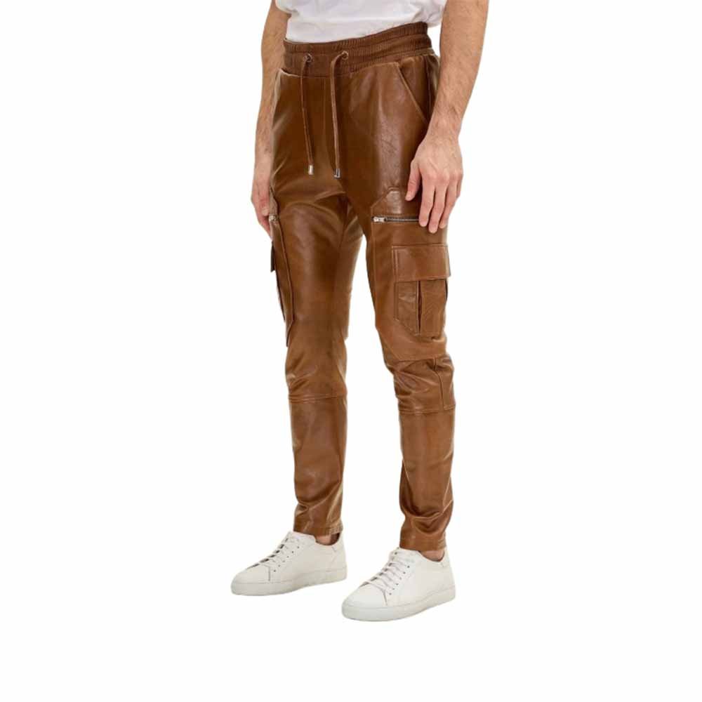 Men`s Tan Brown Leather Cargo Joggers Front Pose