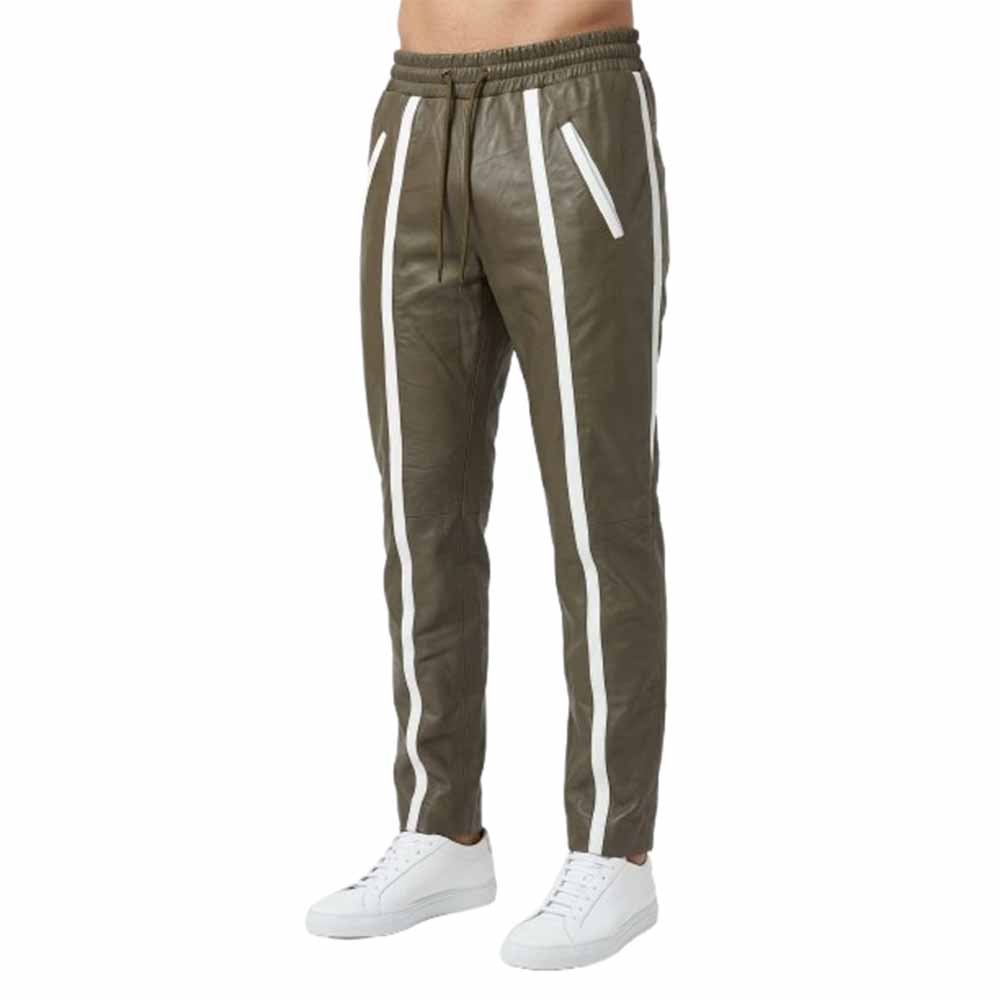 Olive Green Leather Joggers with Dual White Racing Stripes Front Pose