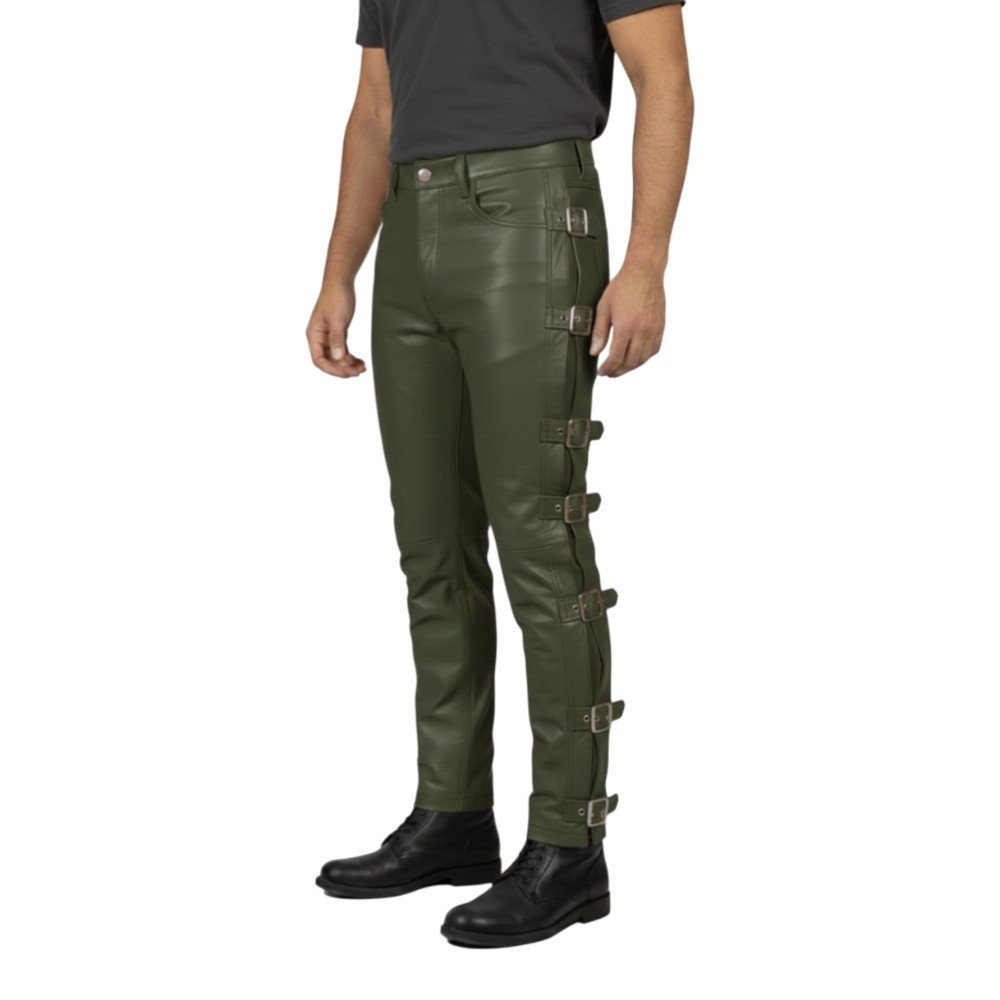 Olive Green Leather Pants with Side Strap