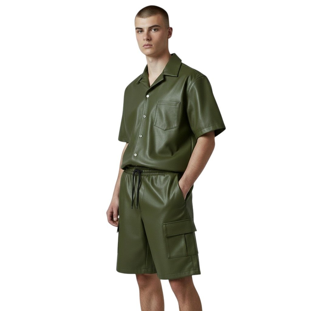 Olive Green Leather Shorts and Shirt