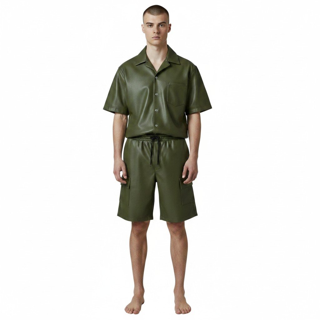 Olive Green Leather Shorts and Shirt