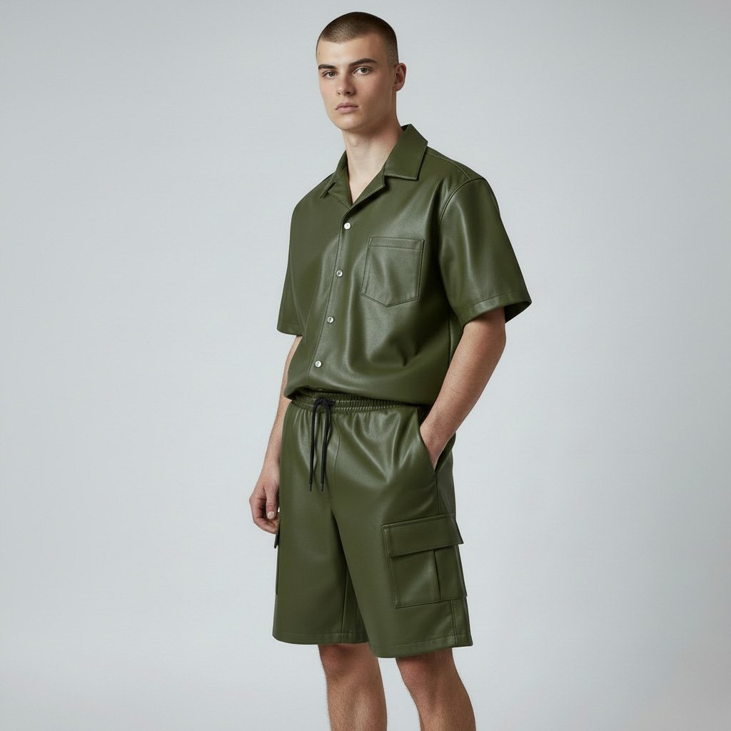 Olive Green Leather Shorts and Shirt (1)
