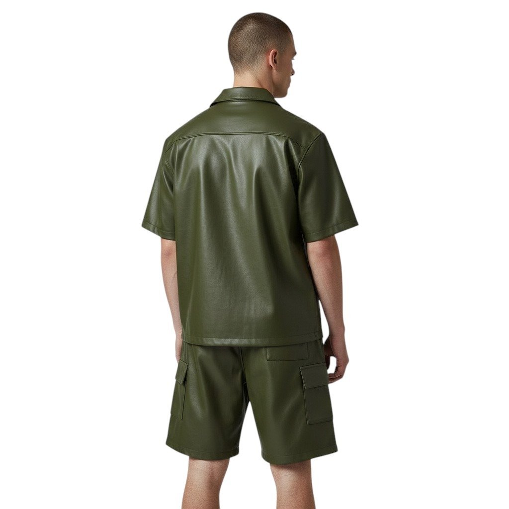 Olive Green Leather Shorts and Shirt